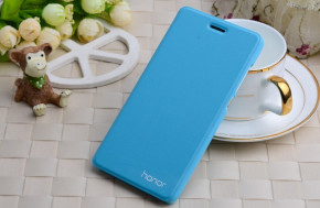 Луксозен кожен калъф тефтер и стойка за Huawei Honor 5x светло син